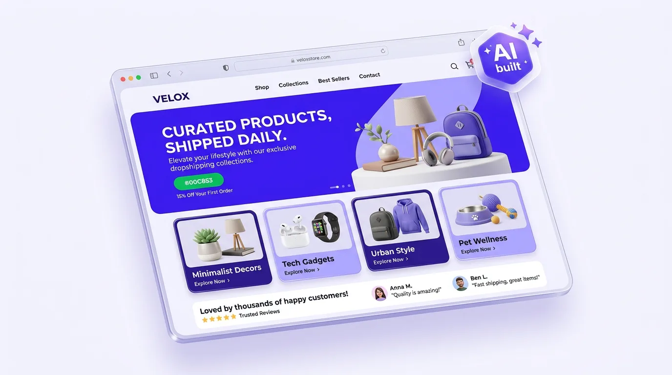 AI dropshipping website builder homepage with hero and featured collections