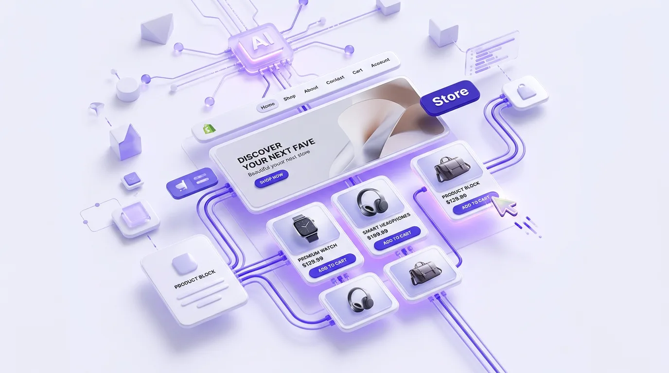 AI dropshipping website builder assembling a Shopify store layout with header, hero, and product grid