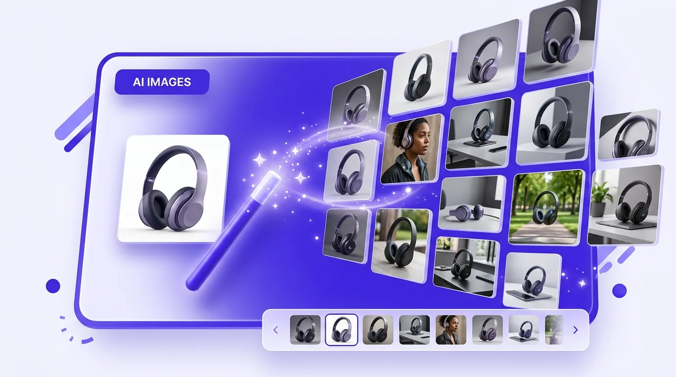 AI-generated studio and lifestyle product images for a Shopify product page gallery