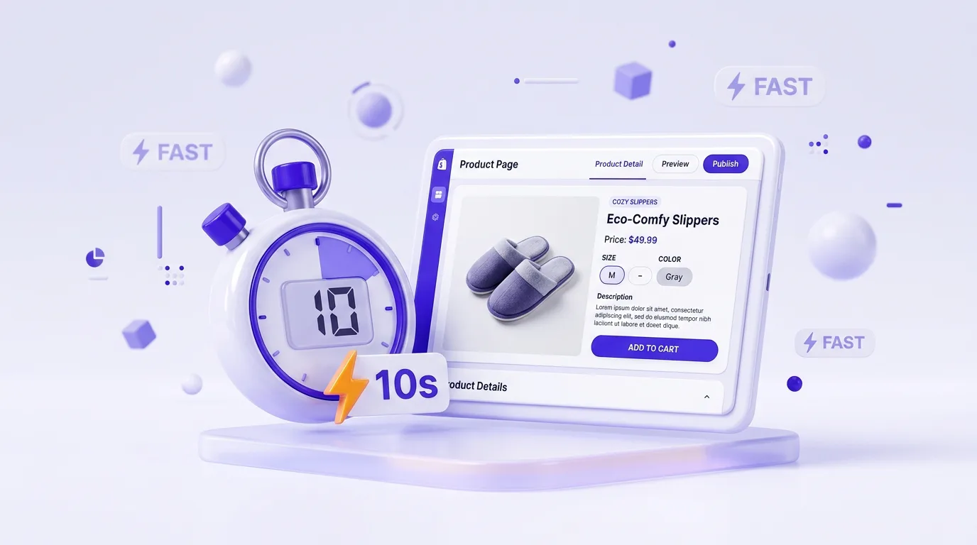 A complete Shopify product page generated by AI in about ten seconds