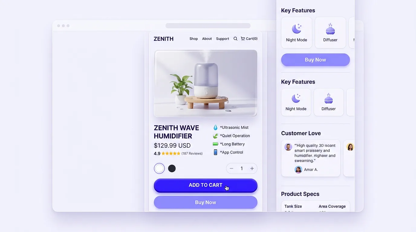 Branded high-converting Shopify landing page layout built with AI