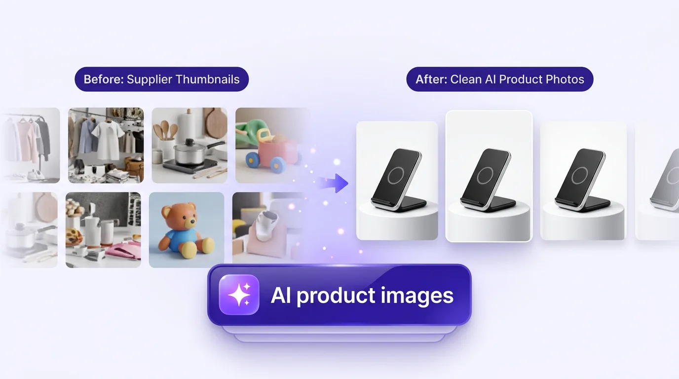 AI product images replacing busy AliExpress supplier thumbnails for Shopify dropshipping