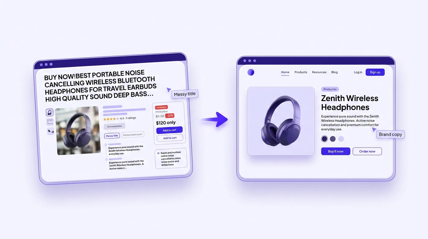 Rewriting a machine-translated AliExpress title into clean brand copy on a Shopify product page