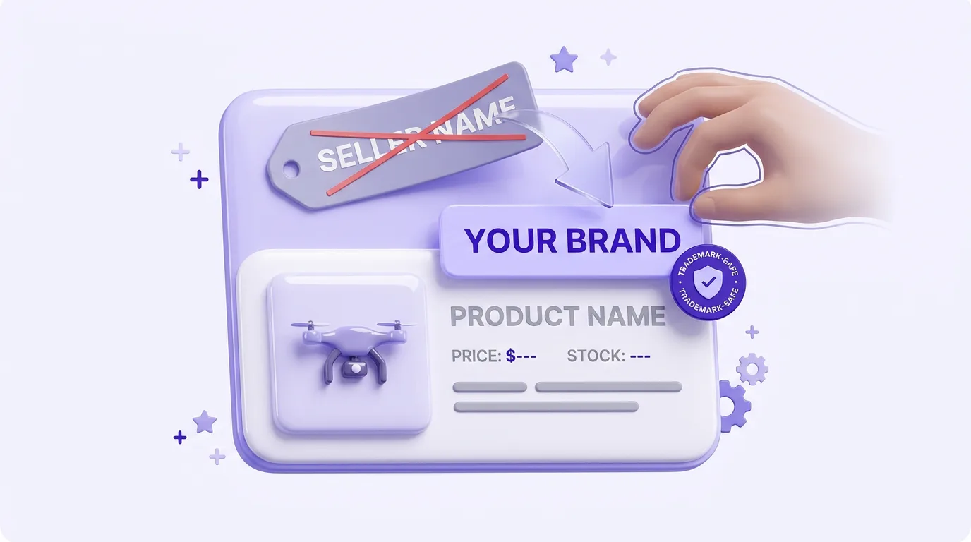 Trademark-safe branding applied to an imported Amazon product page