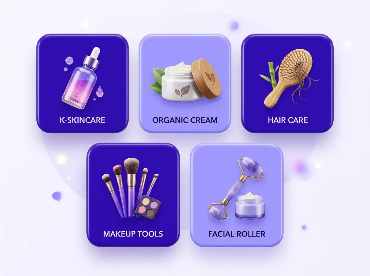 Beauty dropshipping sub-niches including Korean skincare, organic creams, hair care, and makeup tools