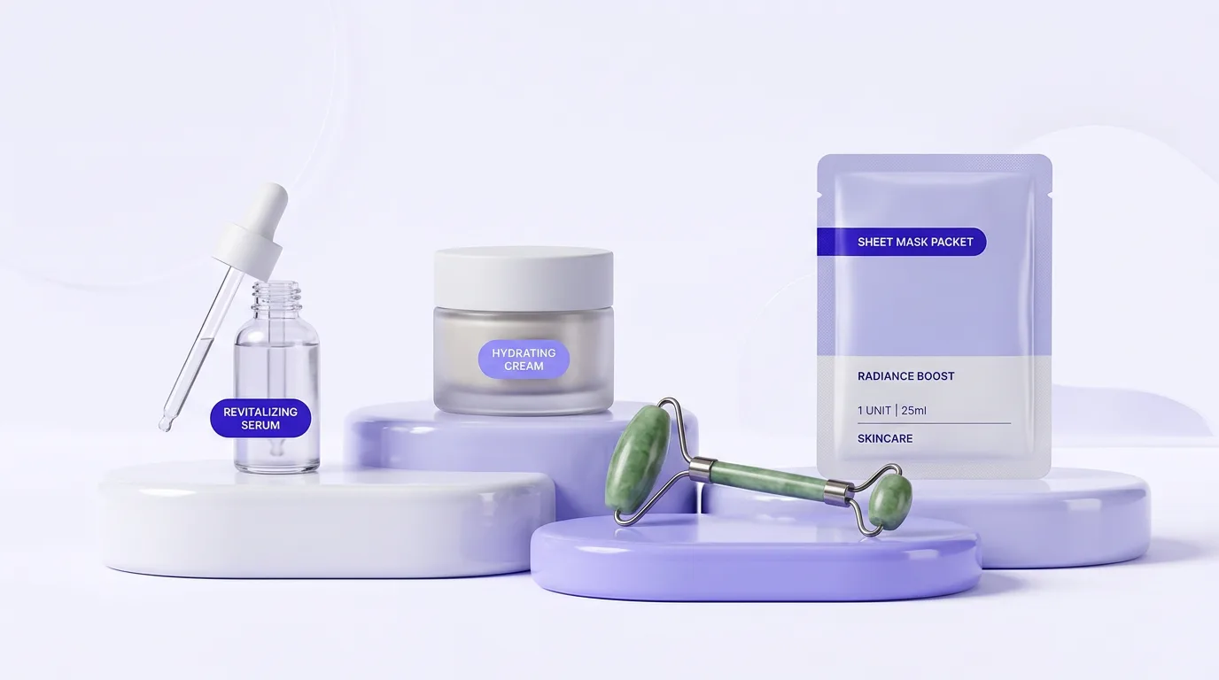 Skincare dropshipping products including a serum, cream jar, facial roller, and sheet mask