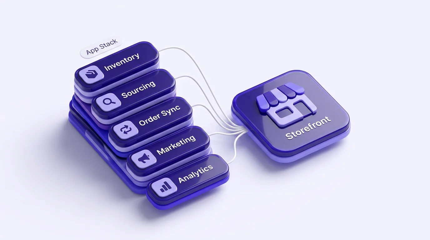 A Shopify dropshipping app stack connecting fulfillment and store building tools