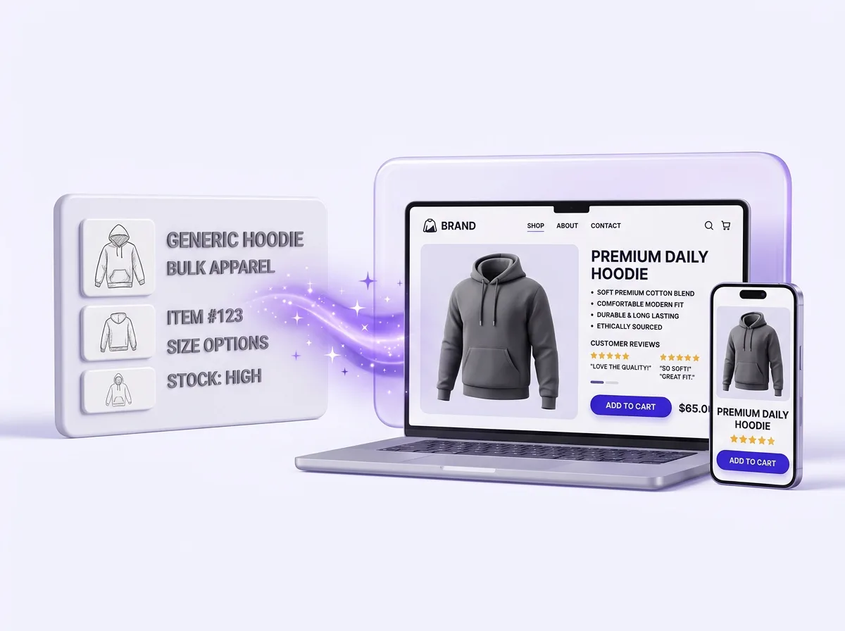 PagePilot turning a generic supplier apparel listing into a branded clothing store product page