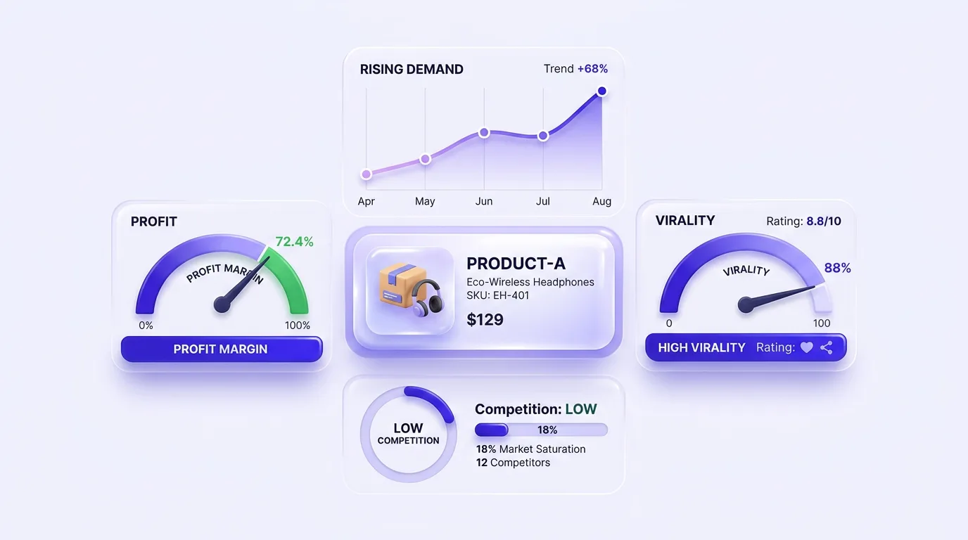 Data-backed product research showing demand, profit margin, virality, and competition signals