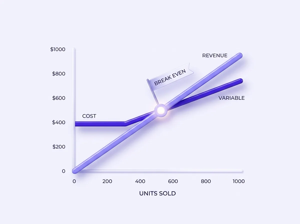 Break-even calculator chart showing revenue and cost lines crossing at the break-even point by units sold