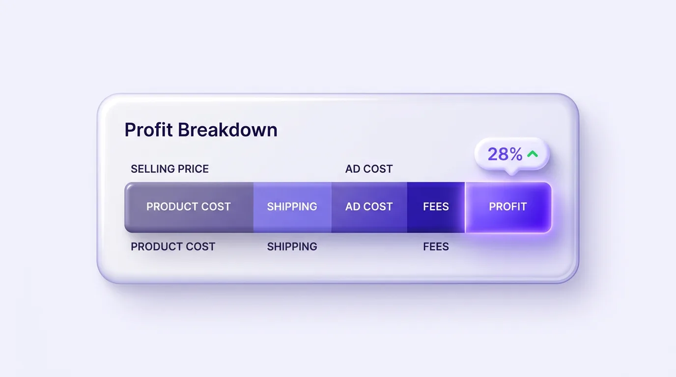Dropshipping profit margin breakdown of selling price into product cost, shipping, ad cost, fees, and profit
