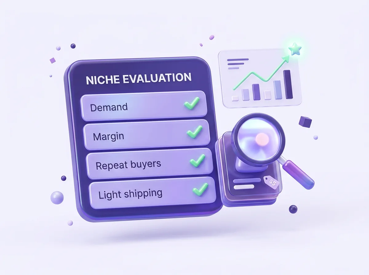 Checklist for picking a profitable dropshipping niche by demand, margin, repeat buyers, and shipping