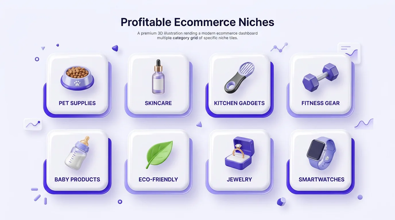 Grid of the most profitable dropshipping niches including pets, skincare, kitchen gadgets, fitness, baby, eco, jewelry, and tech