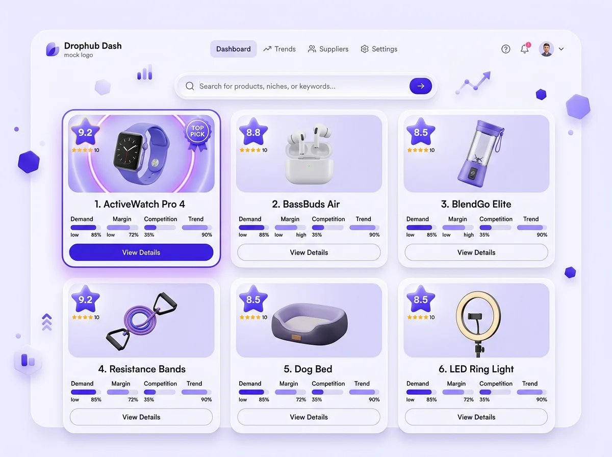 Dropshipping product research dashboard scoring products on demand, margin, competition, and trend