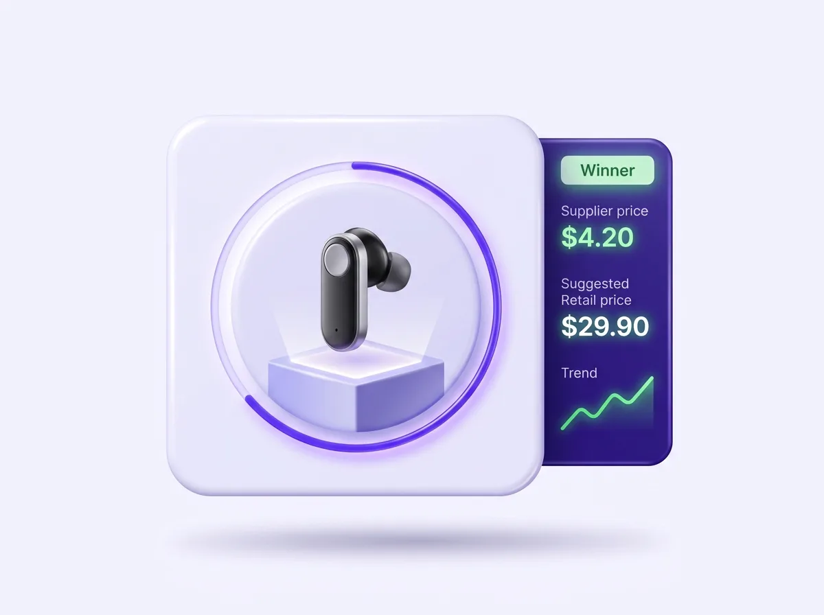 Winning dropshipping product card with supplier price, retail price, and a rising trend line