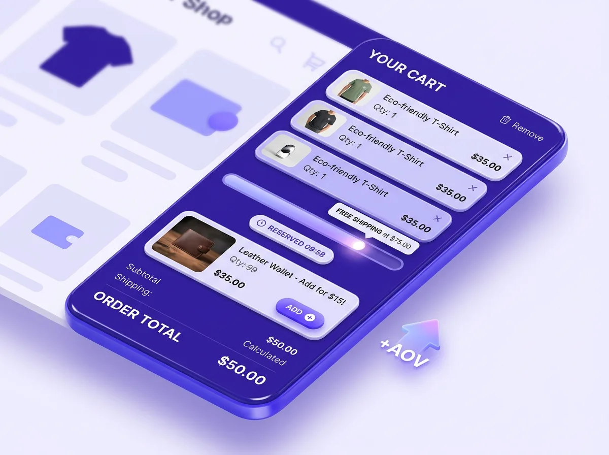 Shopify cart upsell drawer with timer and free-shipping bar boosting average order value