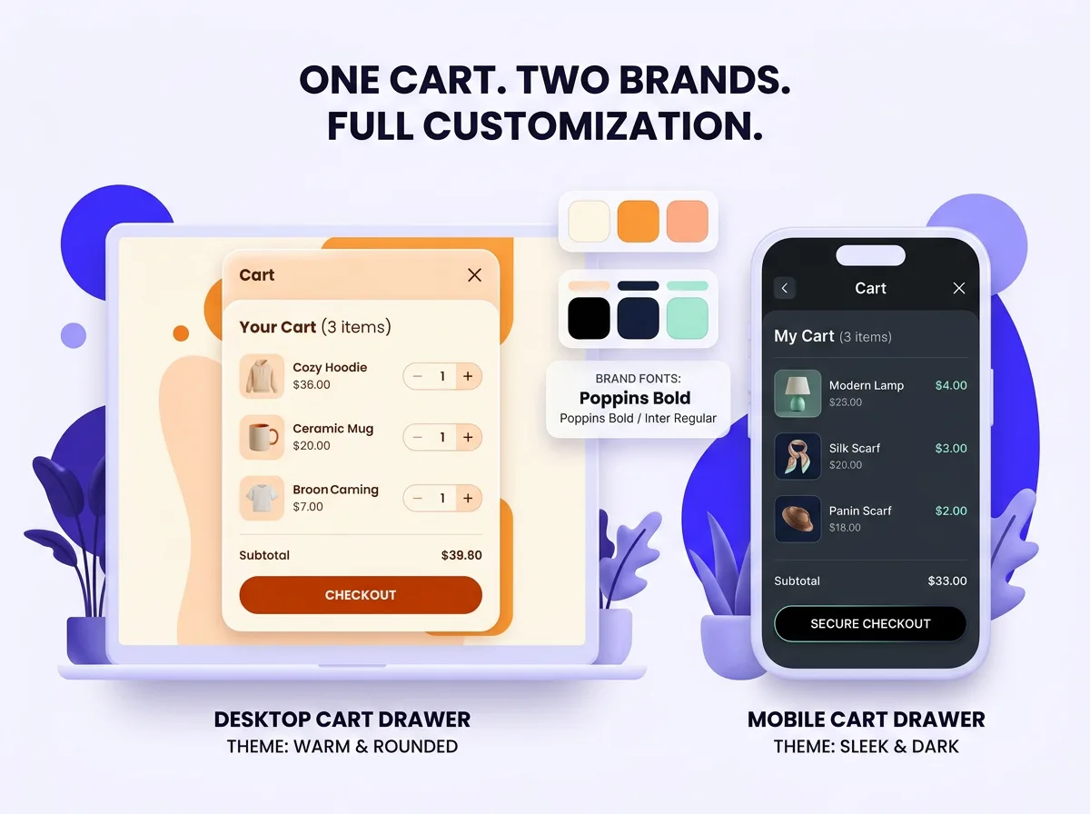 On-brand customizable Shopify slide cart drawer on desktop and mobile