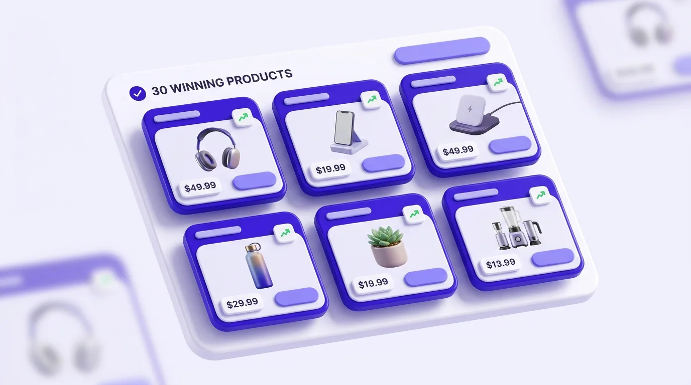 30 pre-selected winning products inside the AI store builder dashboard