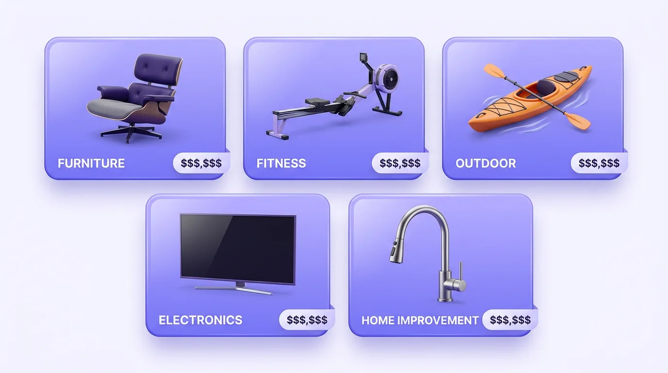 High ticket dropshipping product categories: furniture, fitness equipment, outdoor gear, electronics, and home improvement