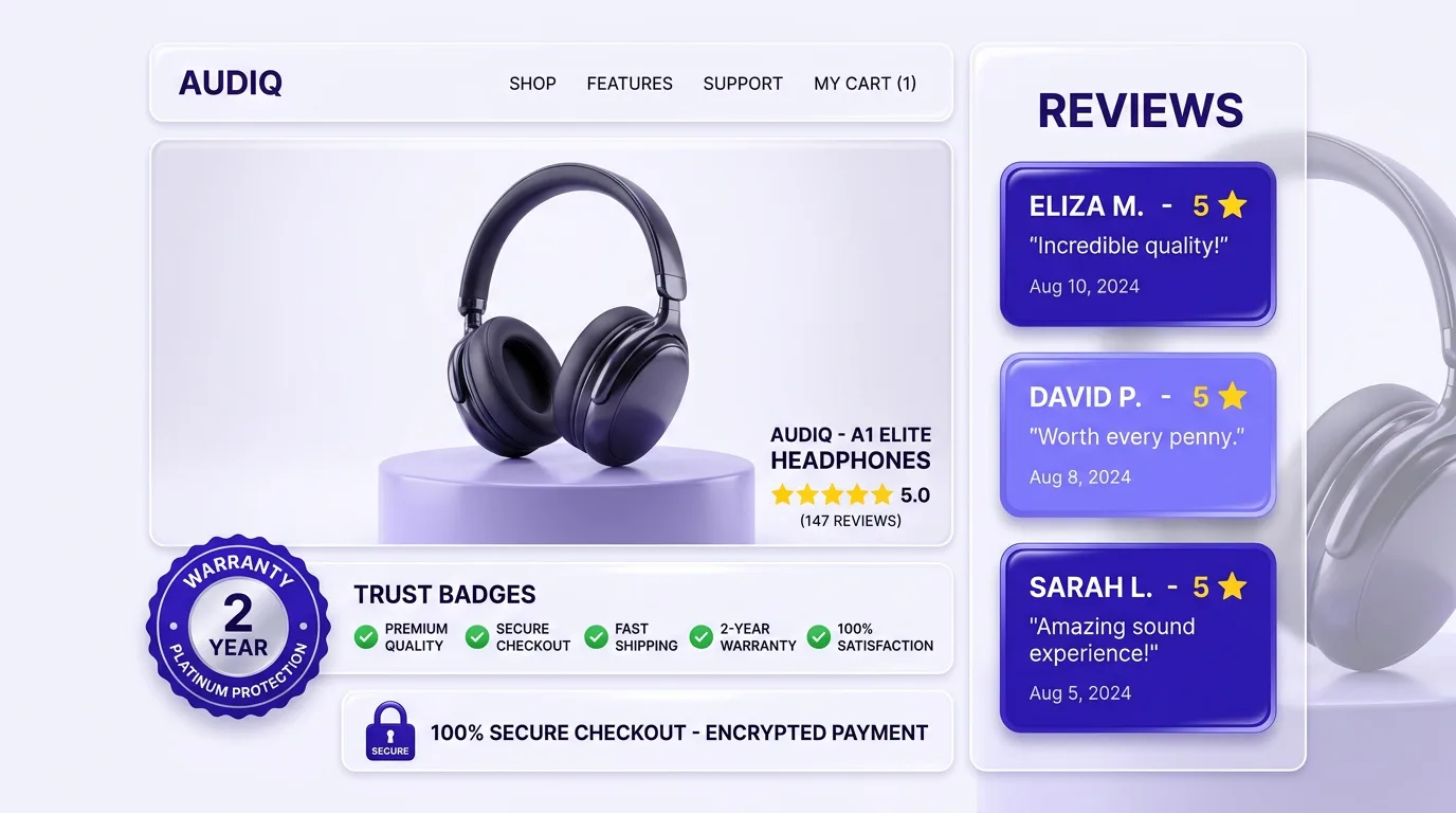 Trust-heavy high ticket Shopify product page with reviews, warranty badge, and secure checkout