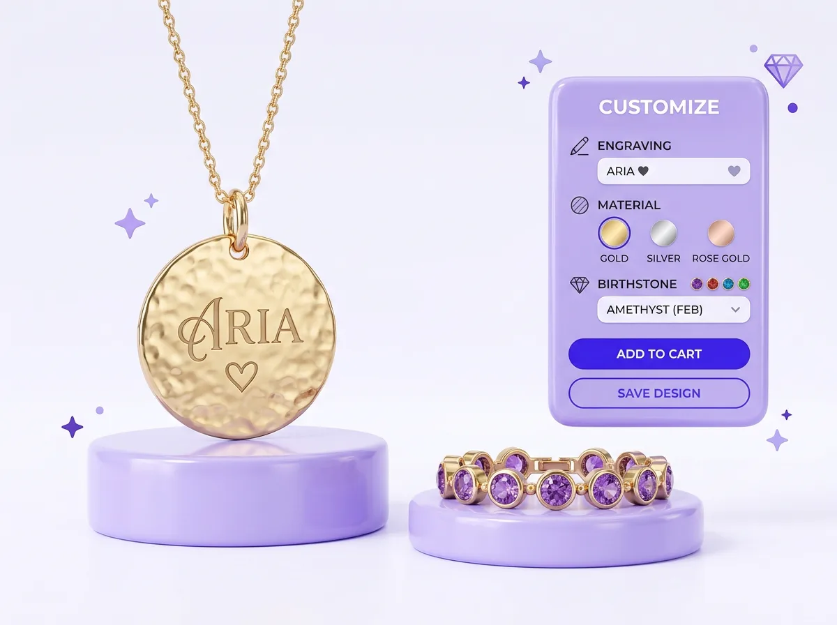 Personalized and engraved birthstone jewelry product options on a Shopify page