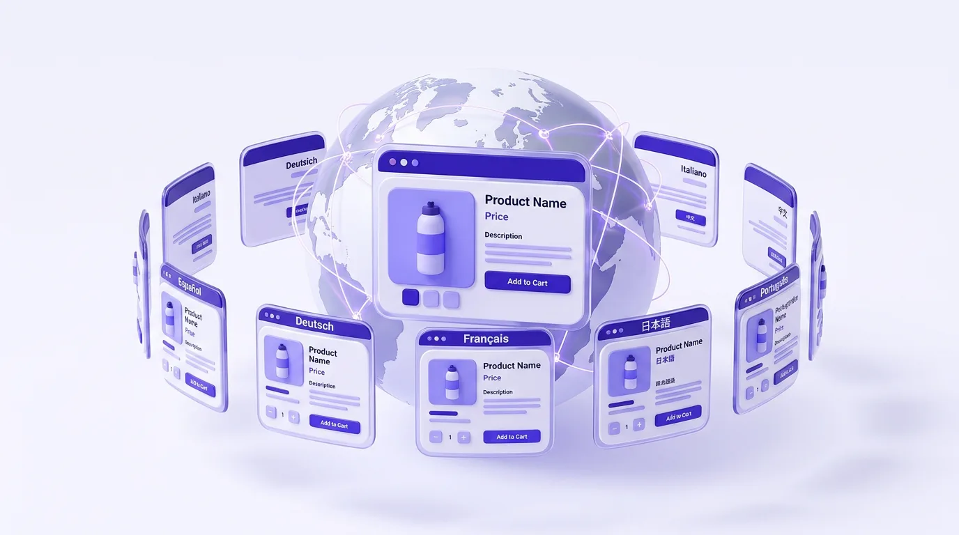 Shopify translation app showing one product page localized into Spanish, German, French, Japanese and Portuguese around a globe