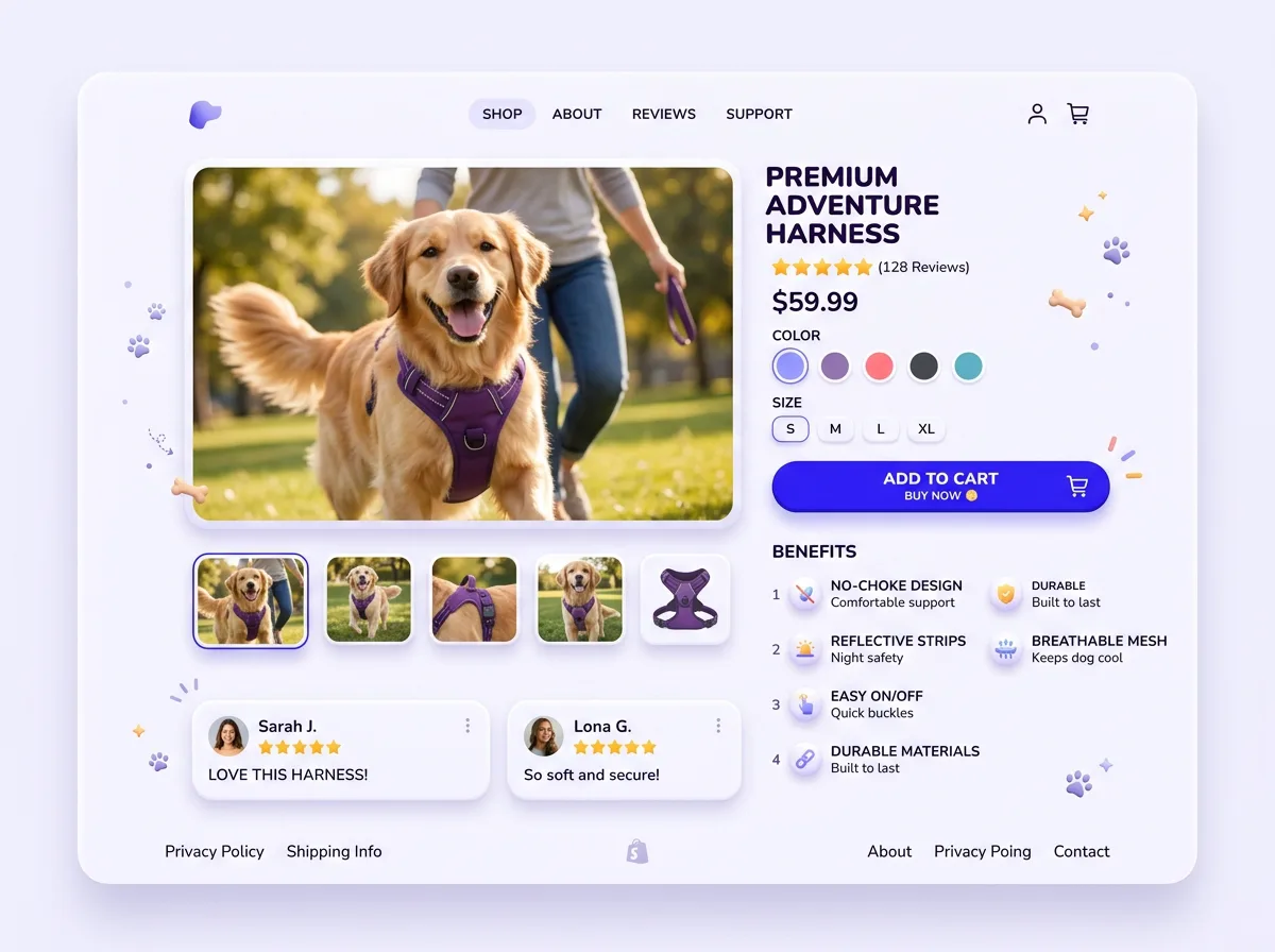 High-converting branded pet product page for a dog harness with reviews and benefits