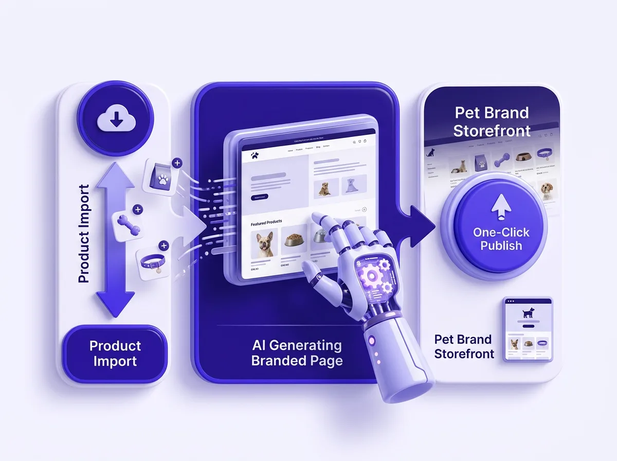 Three steps to launch a pet dropshipping store with PagePilot: import, AI generate, and one-click publish