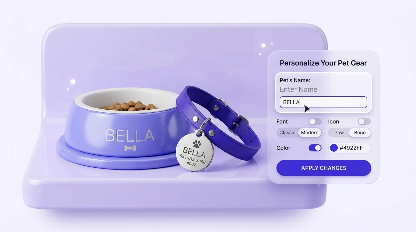 Personalized pet dropshipping products with custom engraved dog tag and named pet bowl