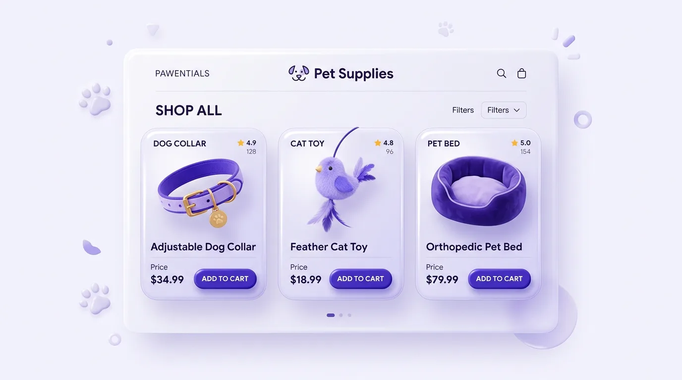 Branded pet dropshipping store on Shopify with dog collar, cat toy, and pet bed product cards