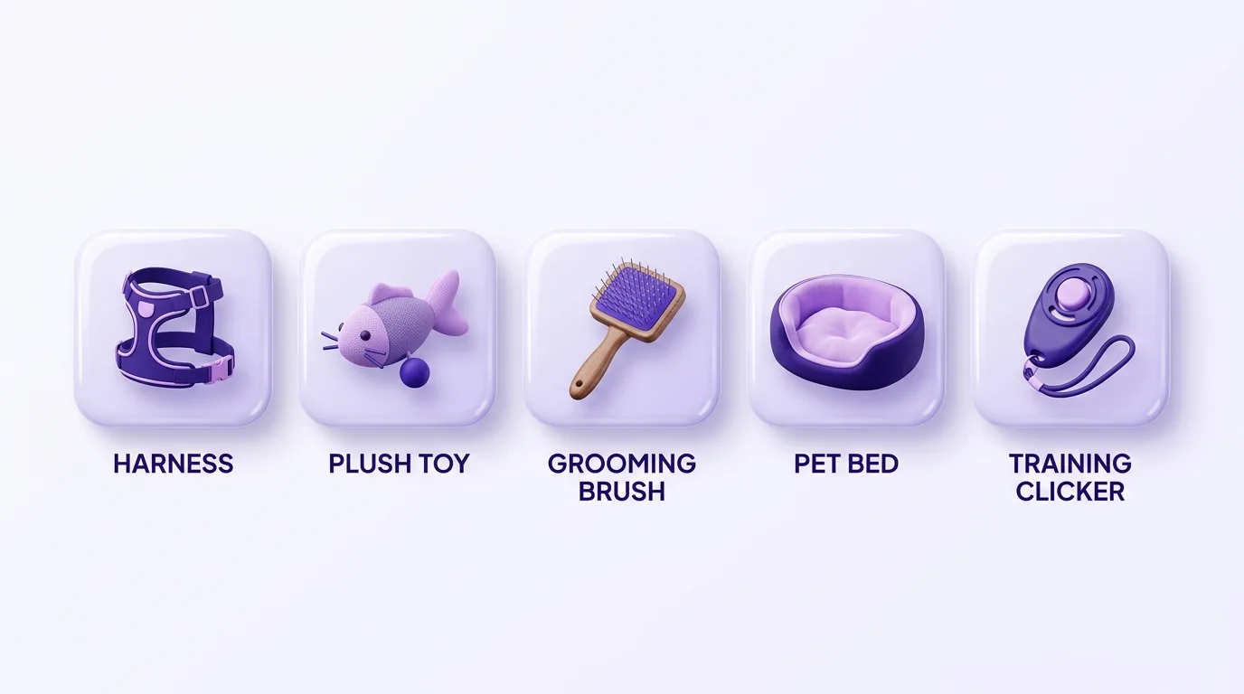 Best pet dropshipping products including dog harness, cat toy, grooming brush, pet bed, and training clicker