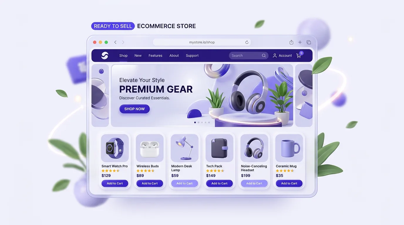 Pre built Shopify store homepage with hero banner and product grid built by AI