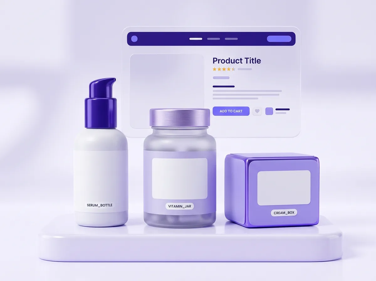 On-brand product images of private label skincare and supplement packaging