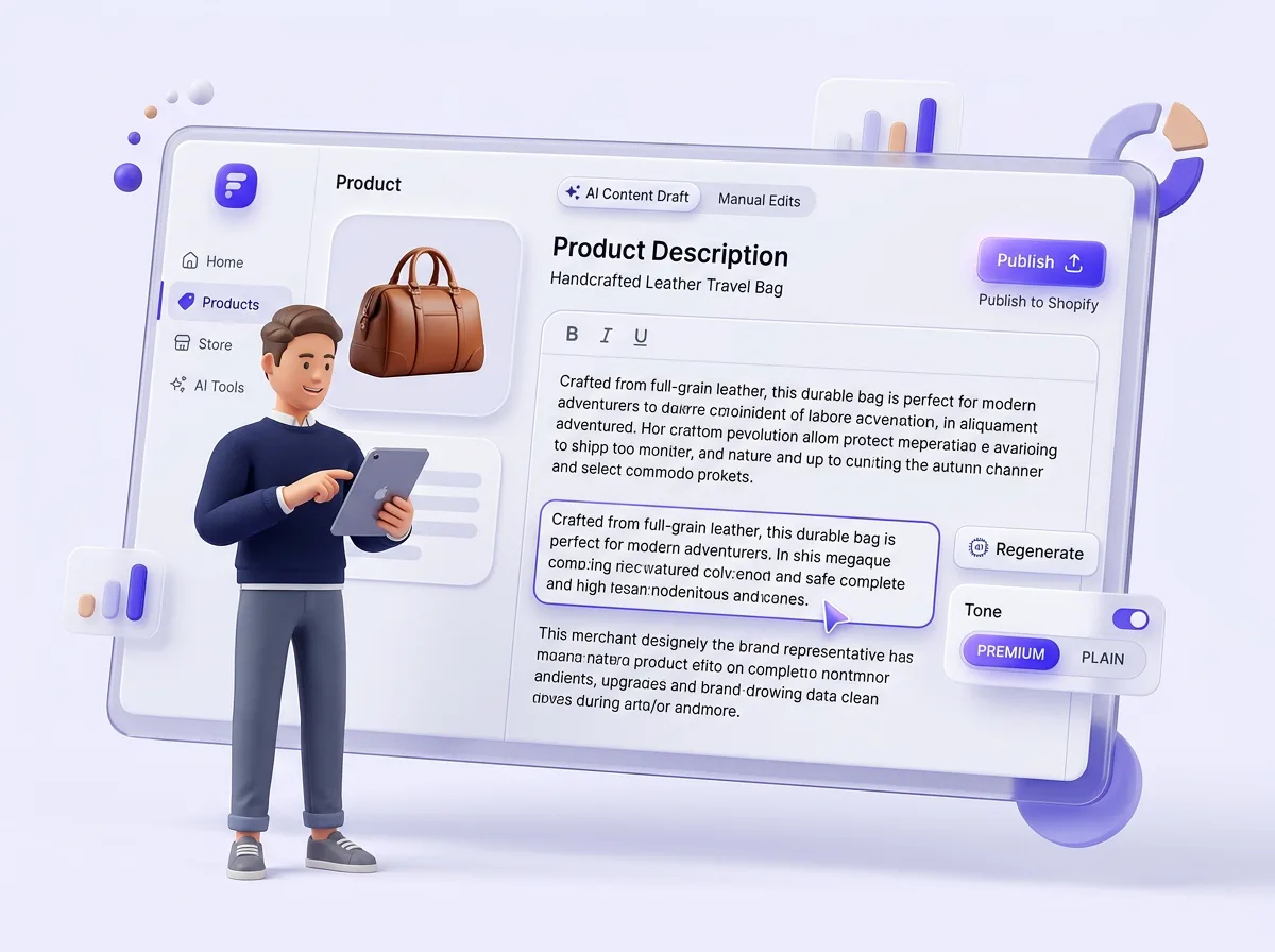 Editing an AI-generated product description and tone before publishing to Shopify