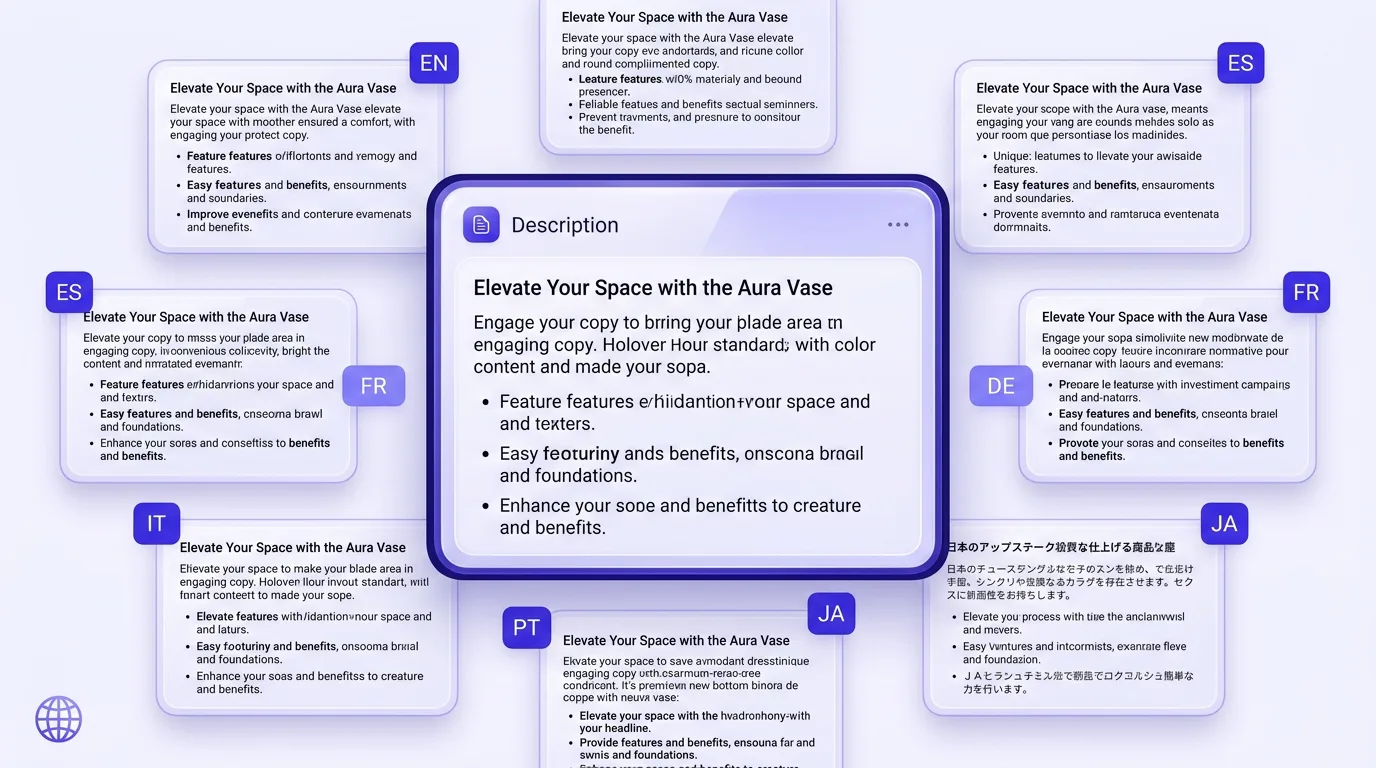 AI product description generator writing the same description in 30 plus languages for Shopify