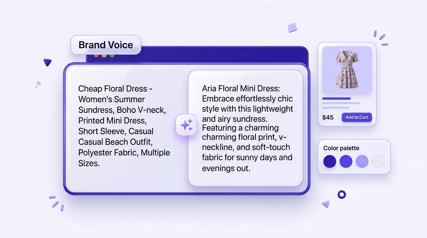 Shein listing copy rewritten into a branded Shopify product page in your brand voice