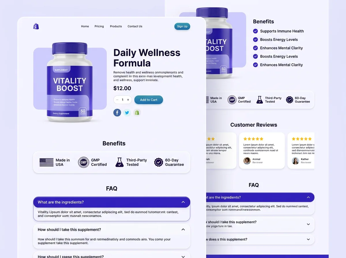 Health & Wellness Shopify product page template preview in PagePilot