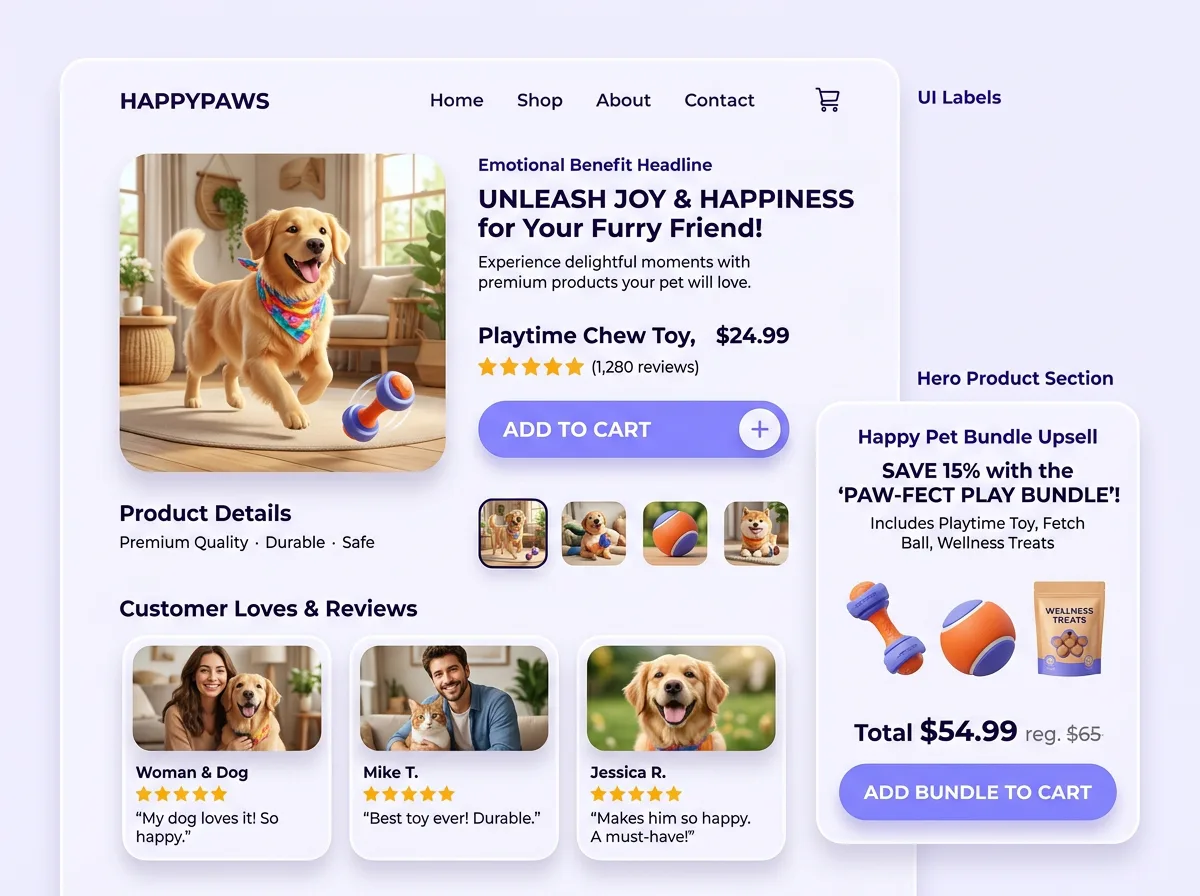 Pets Shopify product page template preview in PagePilot