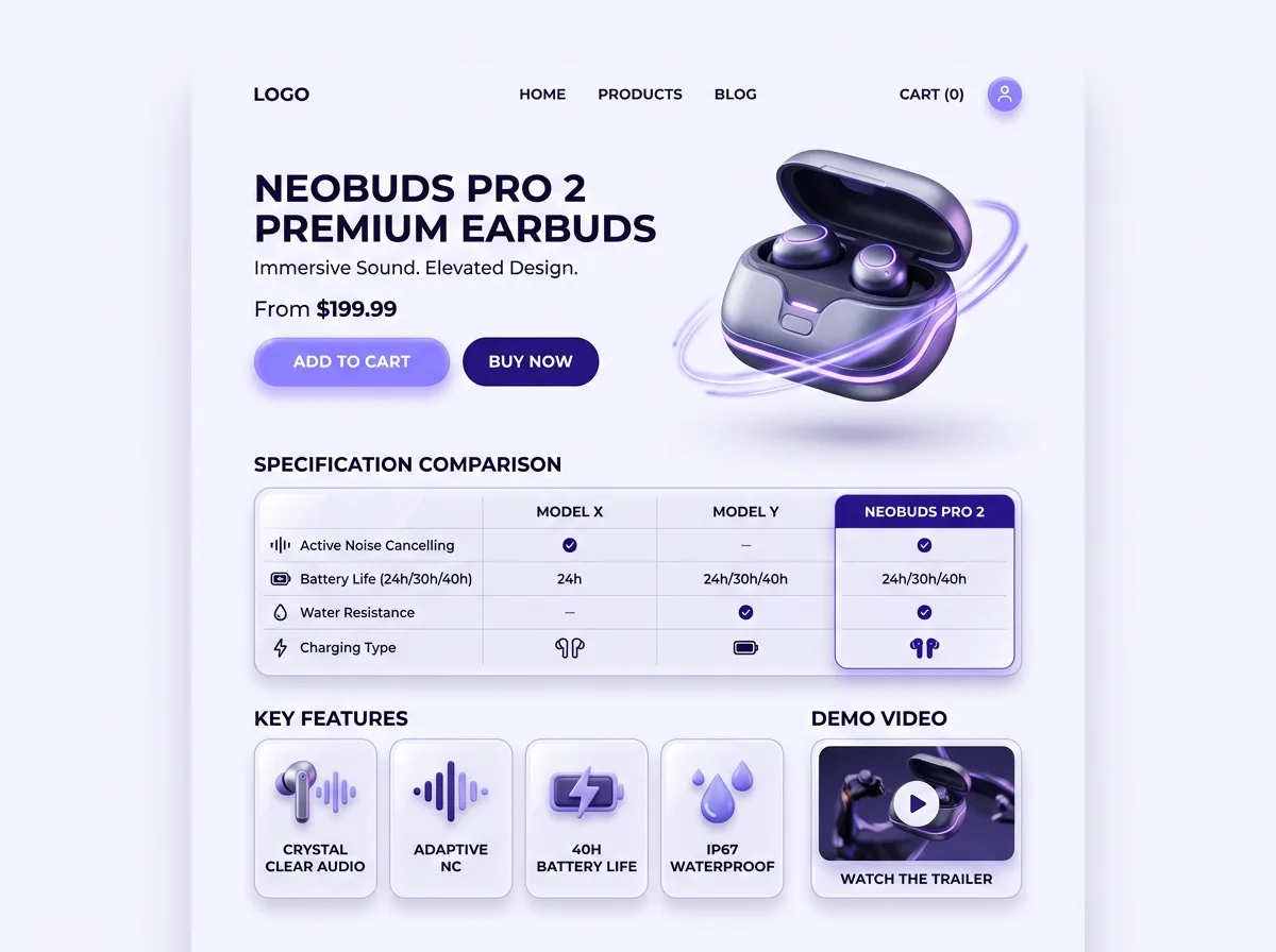 Tech & Gadgets Shopify product page template preview in PagePilot