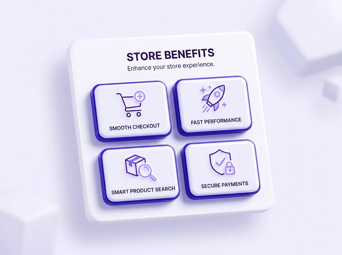 Shopify feature highlights section with icons and benefits