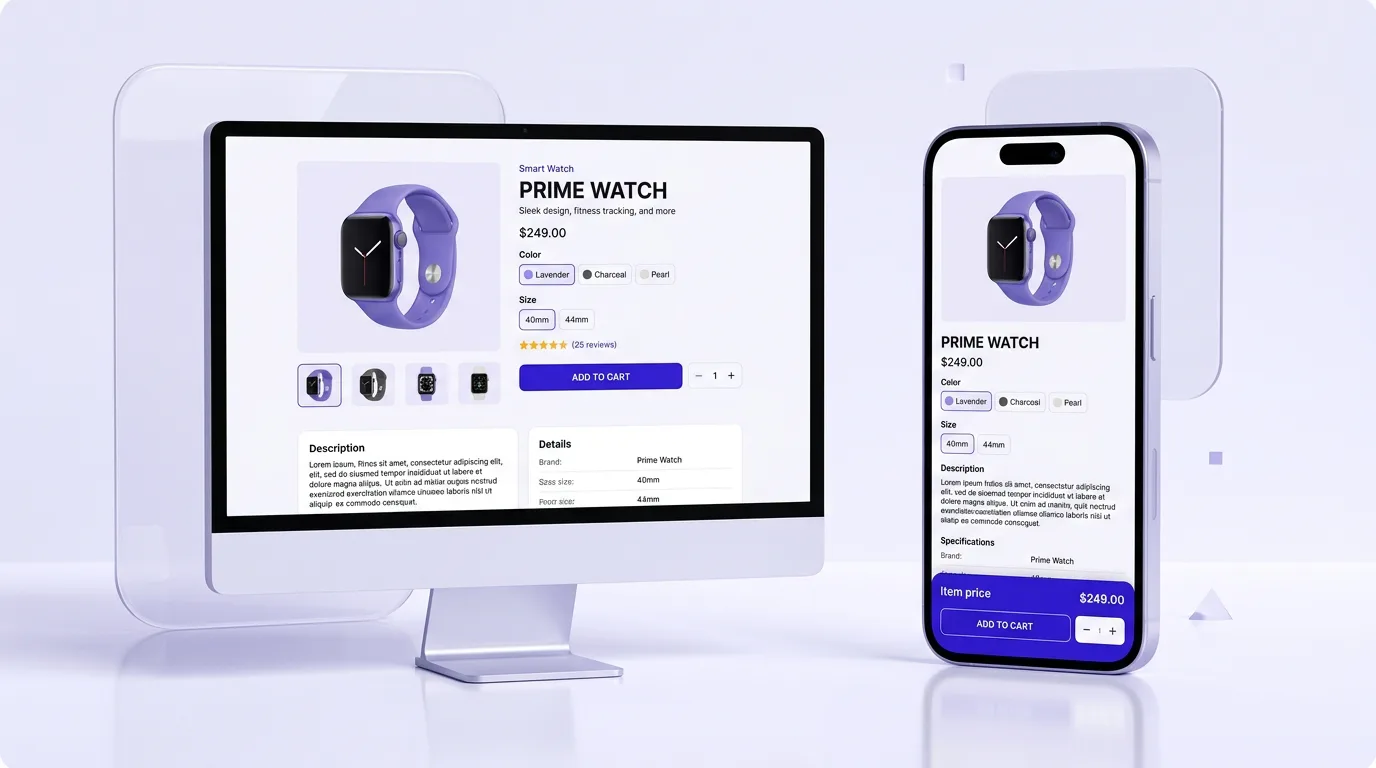 Mobile responsive Shopify sections shown on desktop and phone with a sticky add-to-cart bar