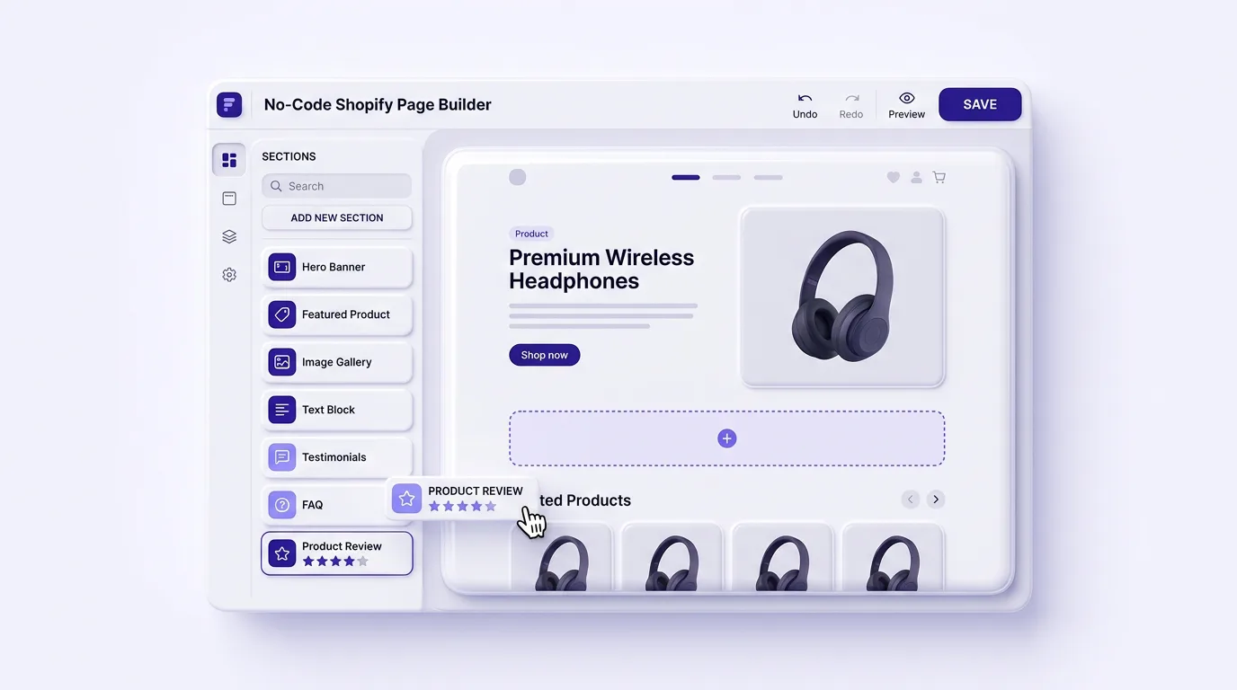 No-code Shopify page builder editor adding sections and blocks to a product page