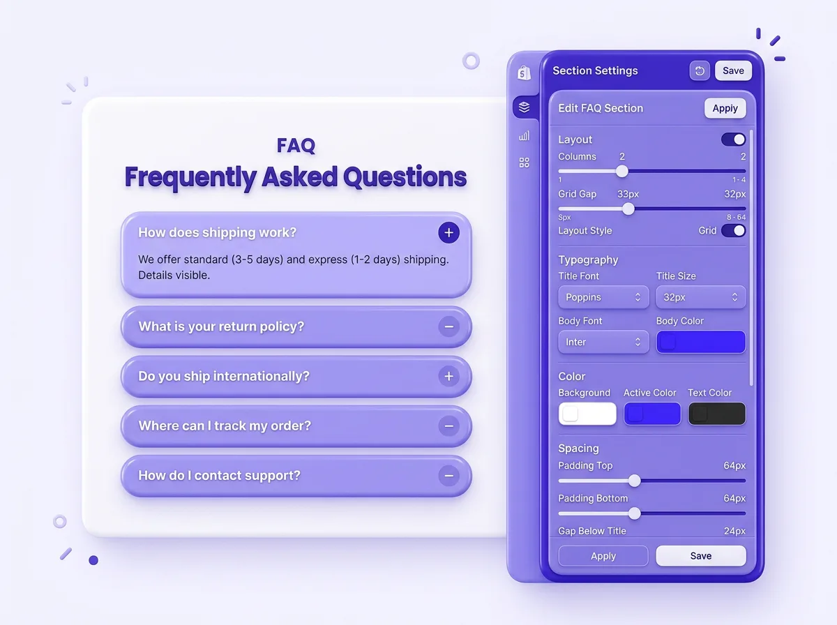 Editing per-block settings on a Shopify FAQ accordion section in the PagePilot editor