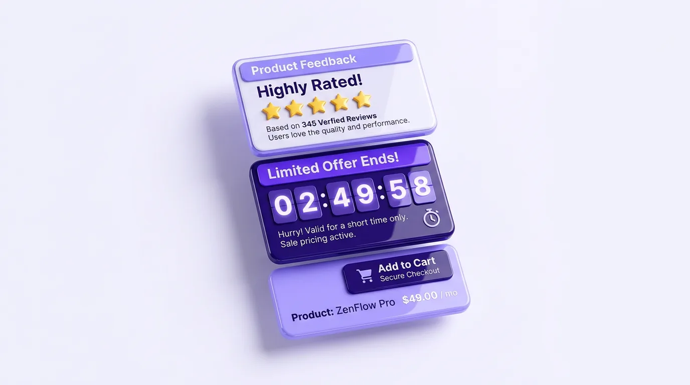 Proven Shopify conversion sections including reviews, countdown timer and sticky add-to-cart