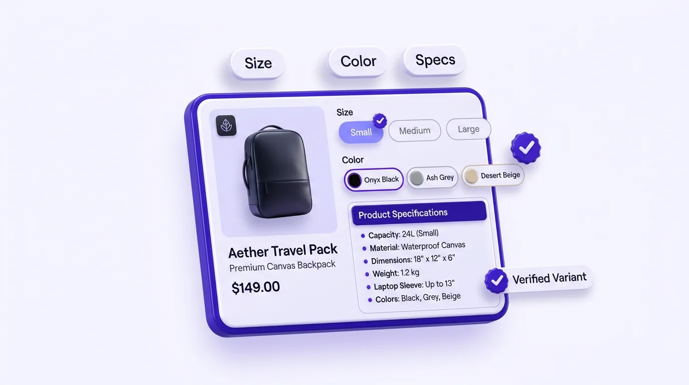 Product variants and specs imported into a Shopify product page