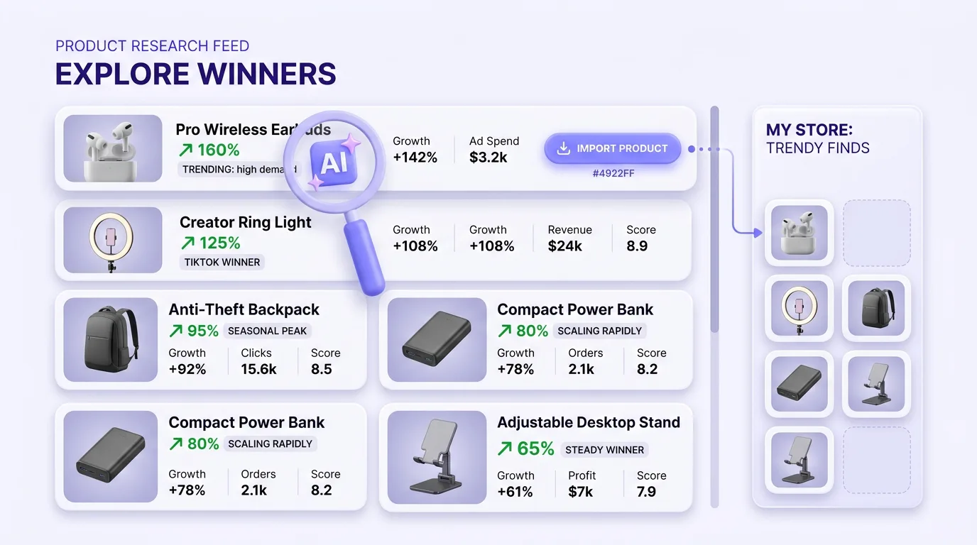 PagePilot daily winning-products feed with one-click import into a Shopify store